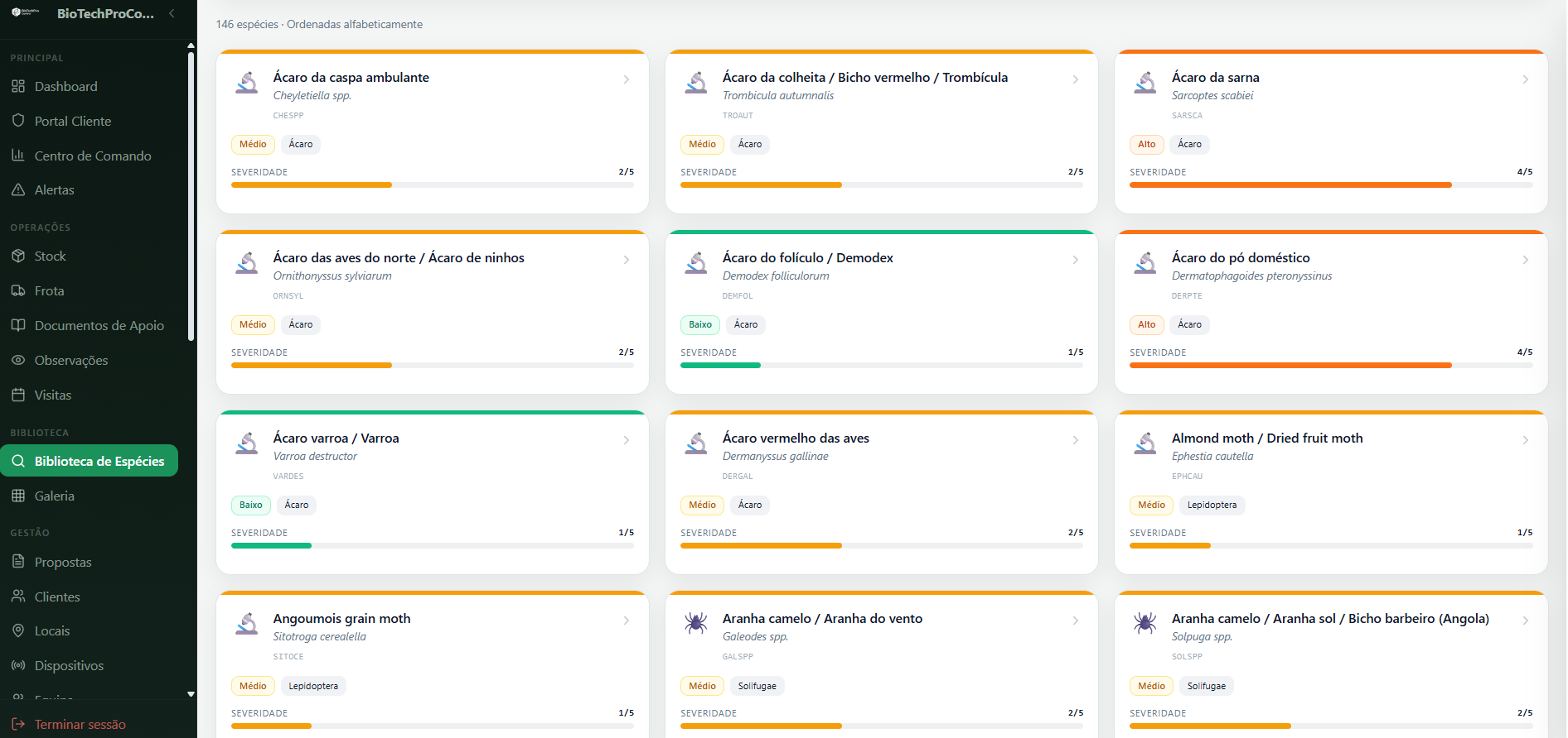 Bio Tech Pro System — Biblioteca de espécies