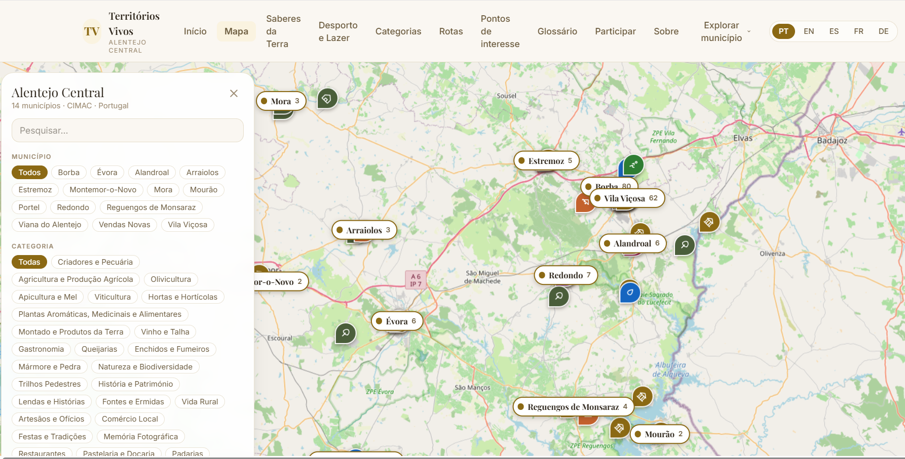 Territórios Vivos — Mapa do Alentejo Central